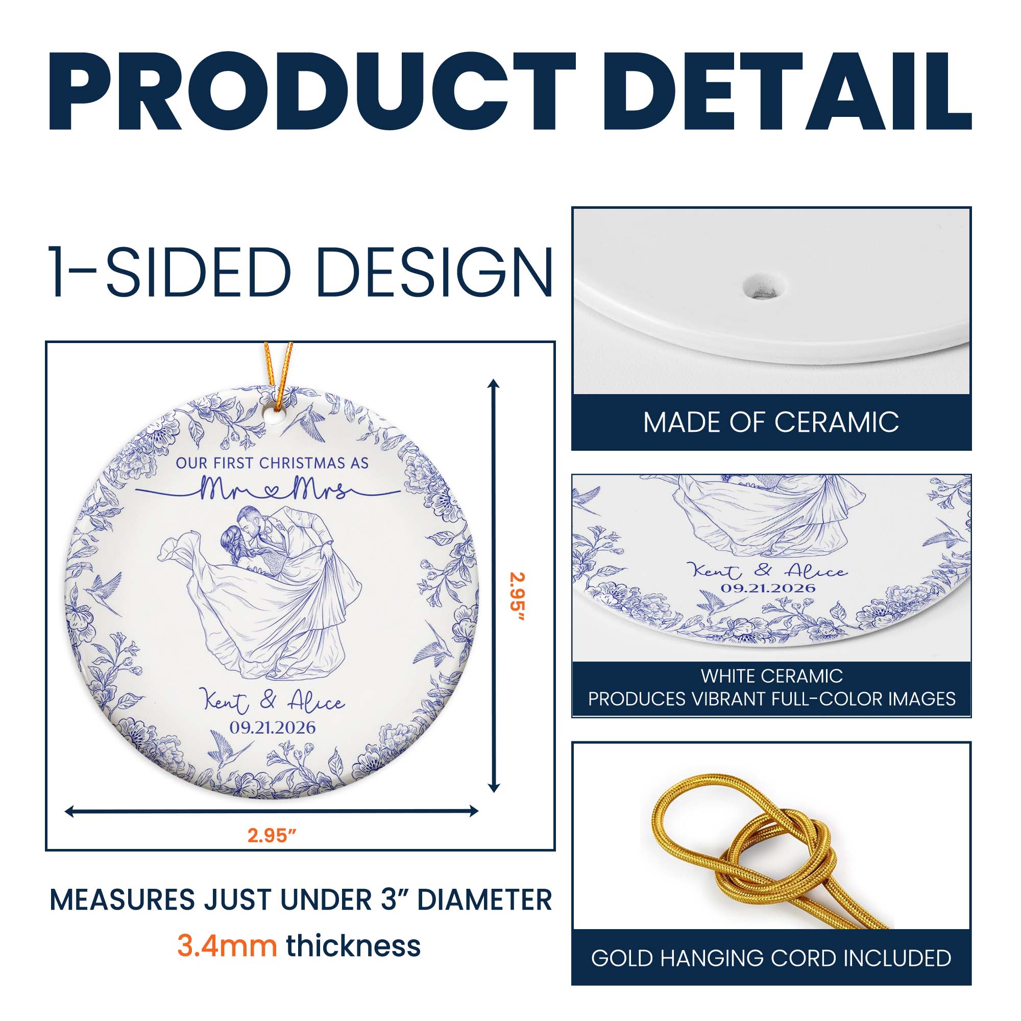 Toile De Jouy Your Photo - Our First Christmas As Mr. Mrs. - Personalized Ornament