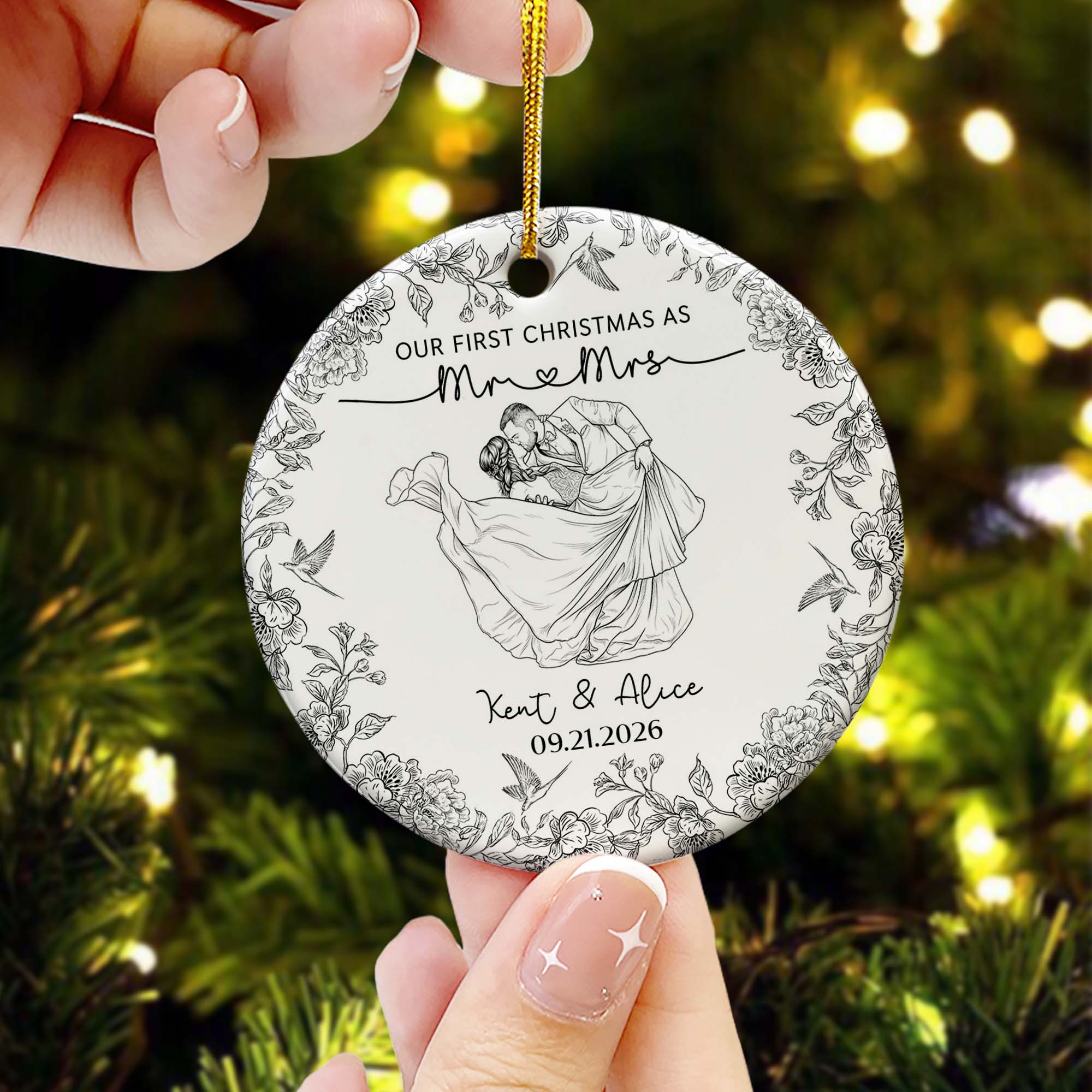 Toile De Jouy Your Photo - Our First Christmas As Mr. Mrs. - Personalized Ornament