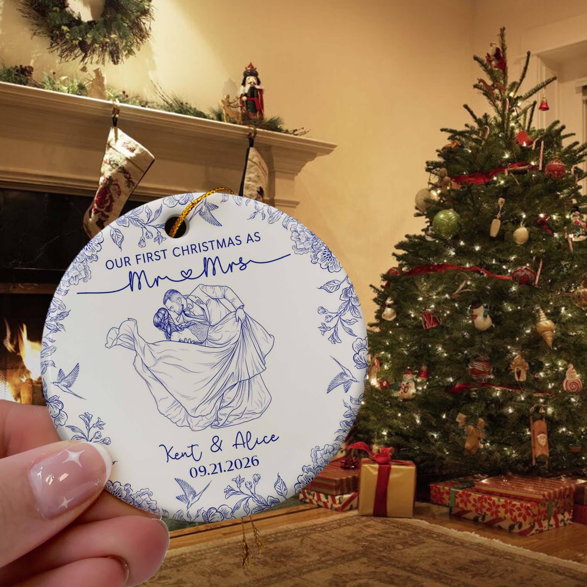 Toile De Jouy Your Photo - Our First Christmas As Mr. Mrs. - Personalized Ornament