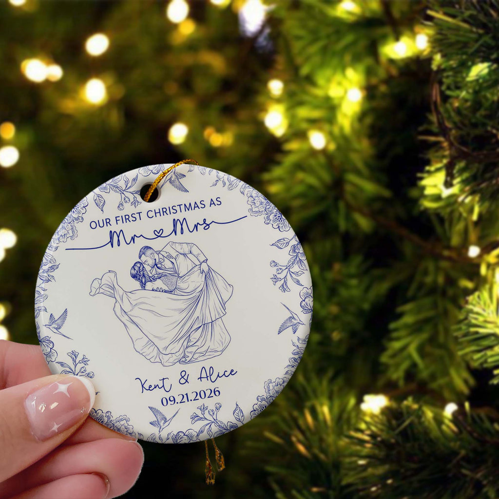 Toile De Jouy Your Photo - Our First Christmas As Mr. Mrs. - Personalized Ornament