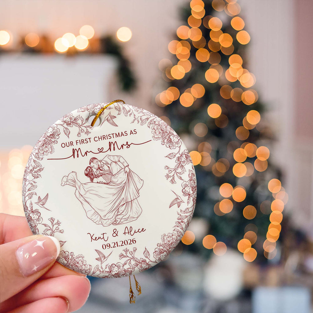 Toile De Jouy Your Photo - Our First Christmas As Mr. Mrs. - Personalized Ornament