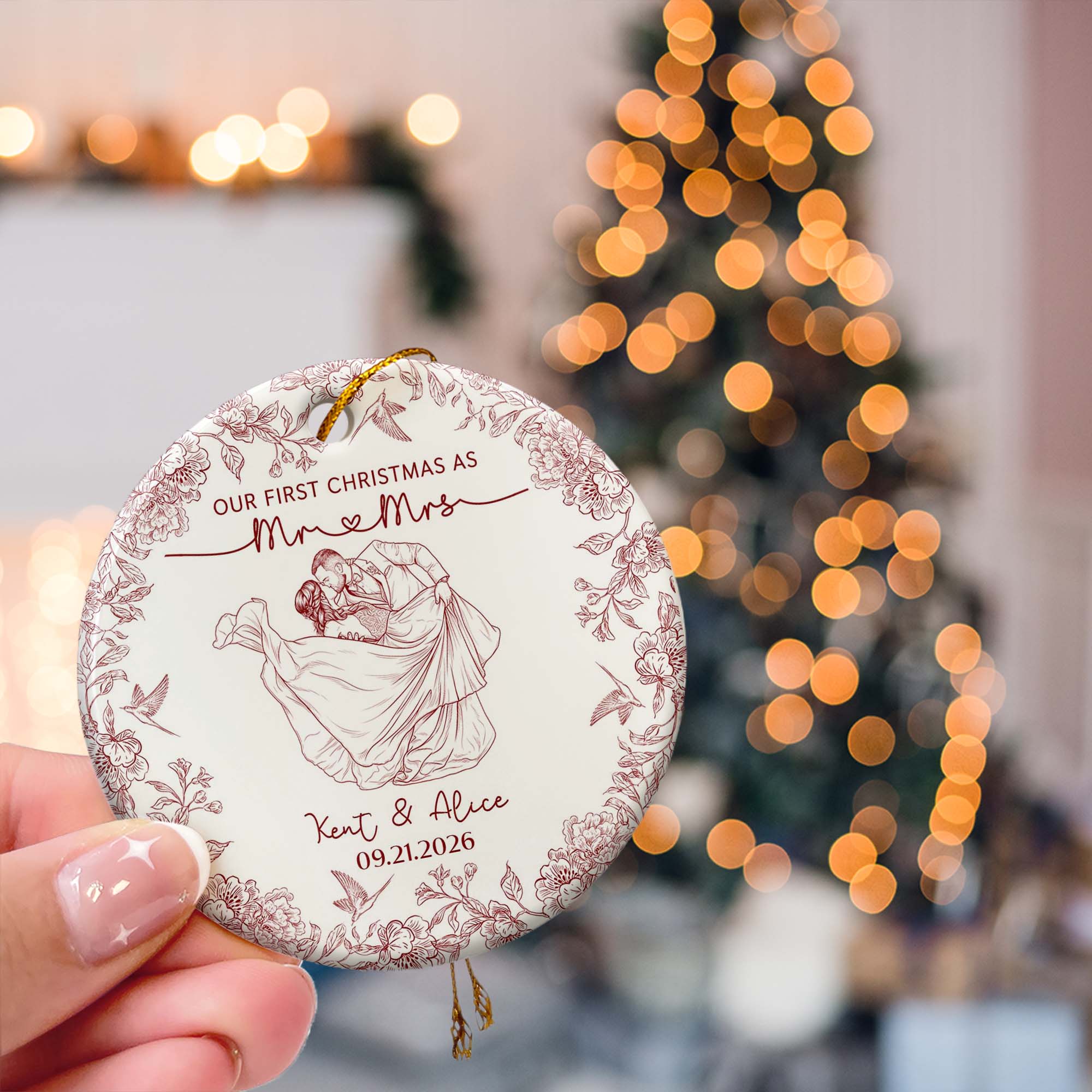 Toile De Jouy Your Photo - Our First Christmas As Mr. Mrs. - Personalized Ornament