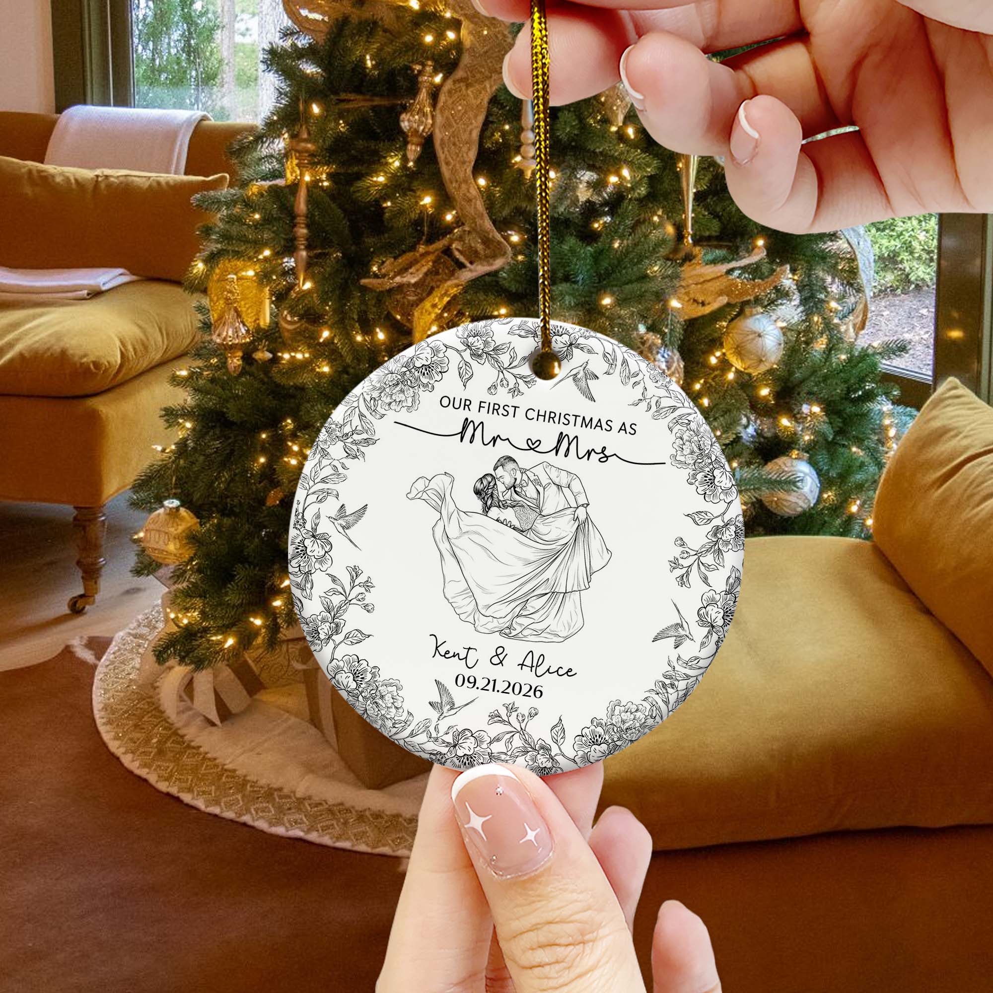 Toile De Jouy Your Photo - Our First Christmas As Mr. Mrs. - Personalized Ornament