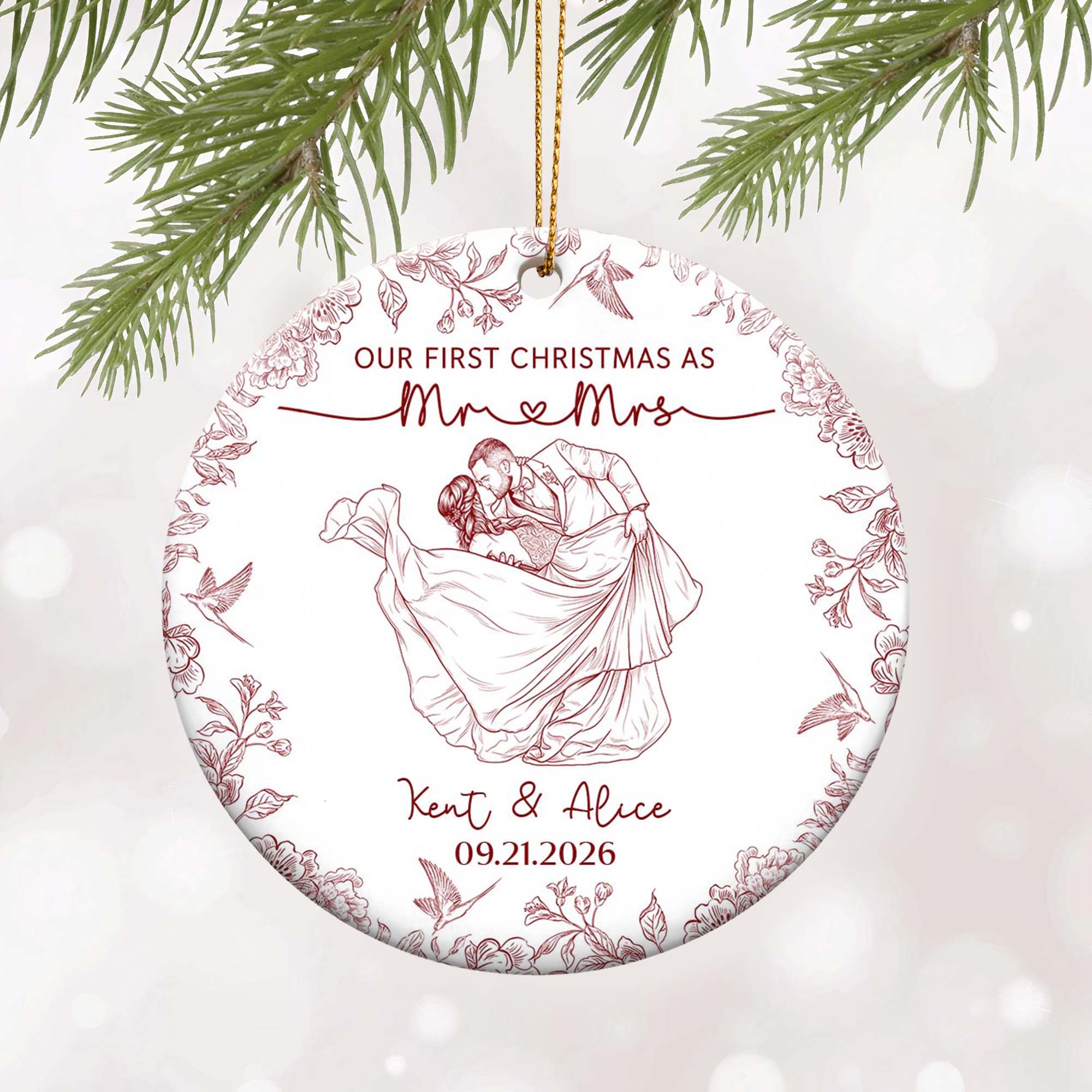 Toile De Jouy Your Photo - Our First Christmas As Mr. Mrs. - Personalized Ornament