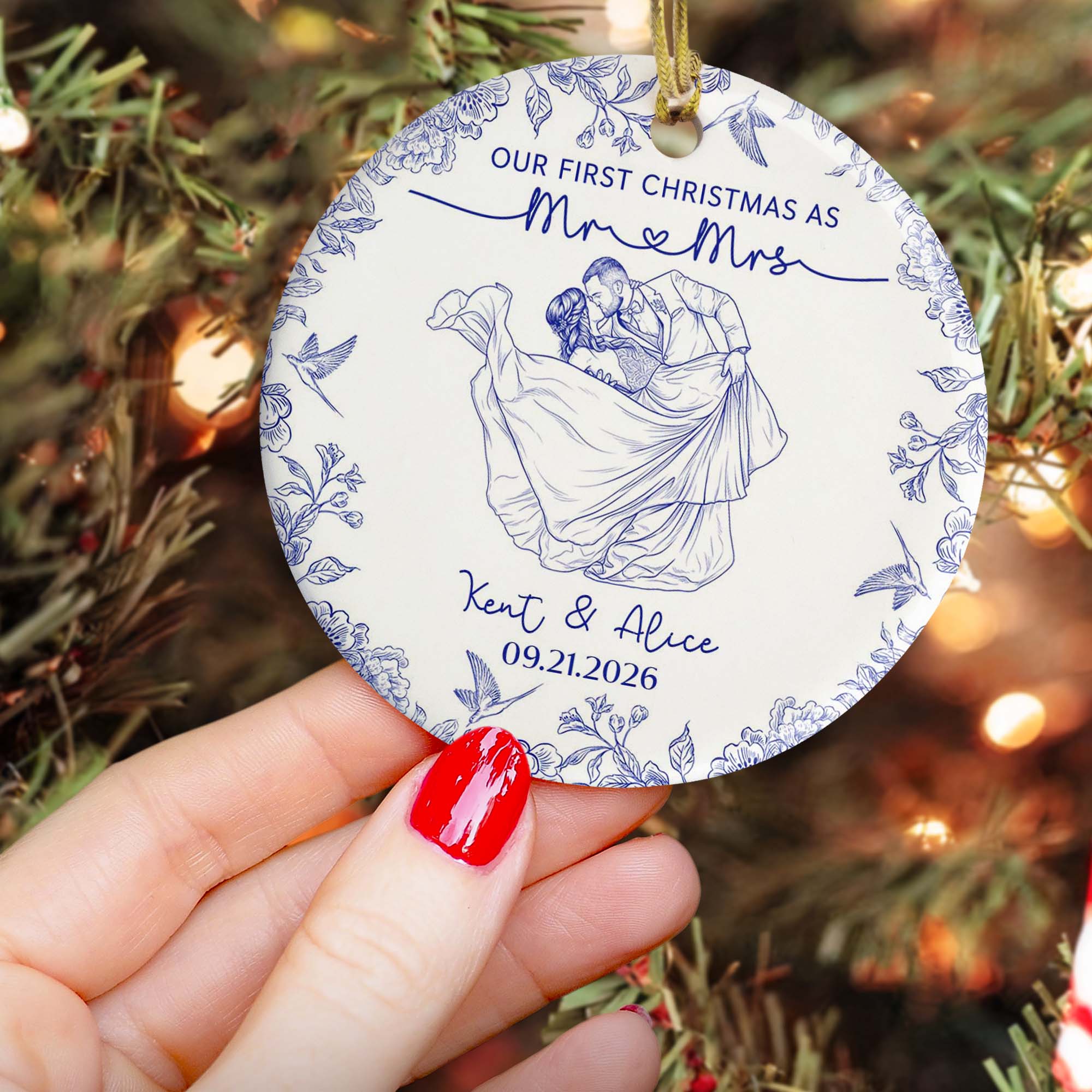 Toile De Jouy Your Photo - Our First Christmas As Mr. Mrs. - Personalized Ornament