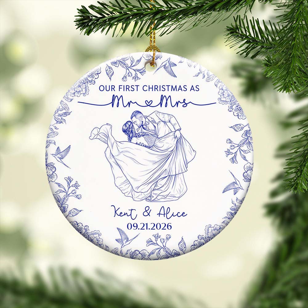 Toile De Jouy Your Photo - Our First Christmas As Mr. Mrs. - Personalized Ornament
