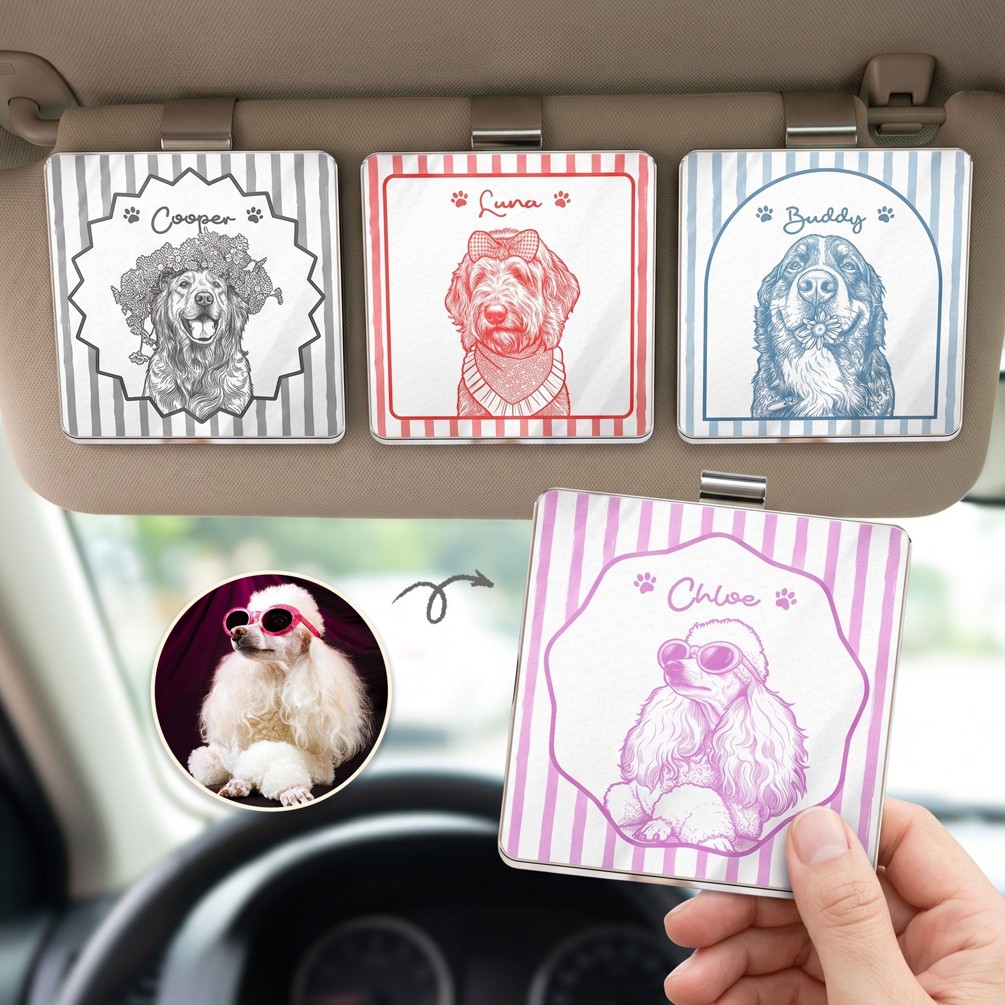 Turn Pets' Photo Into Art - Vintage Stripe - Personalized Car Visor Clip