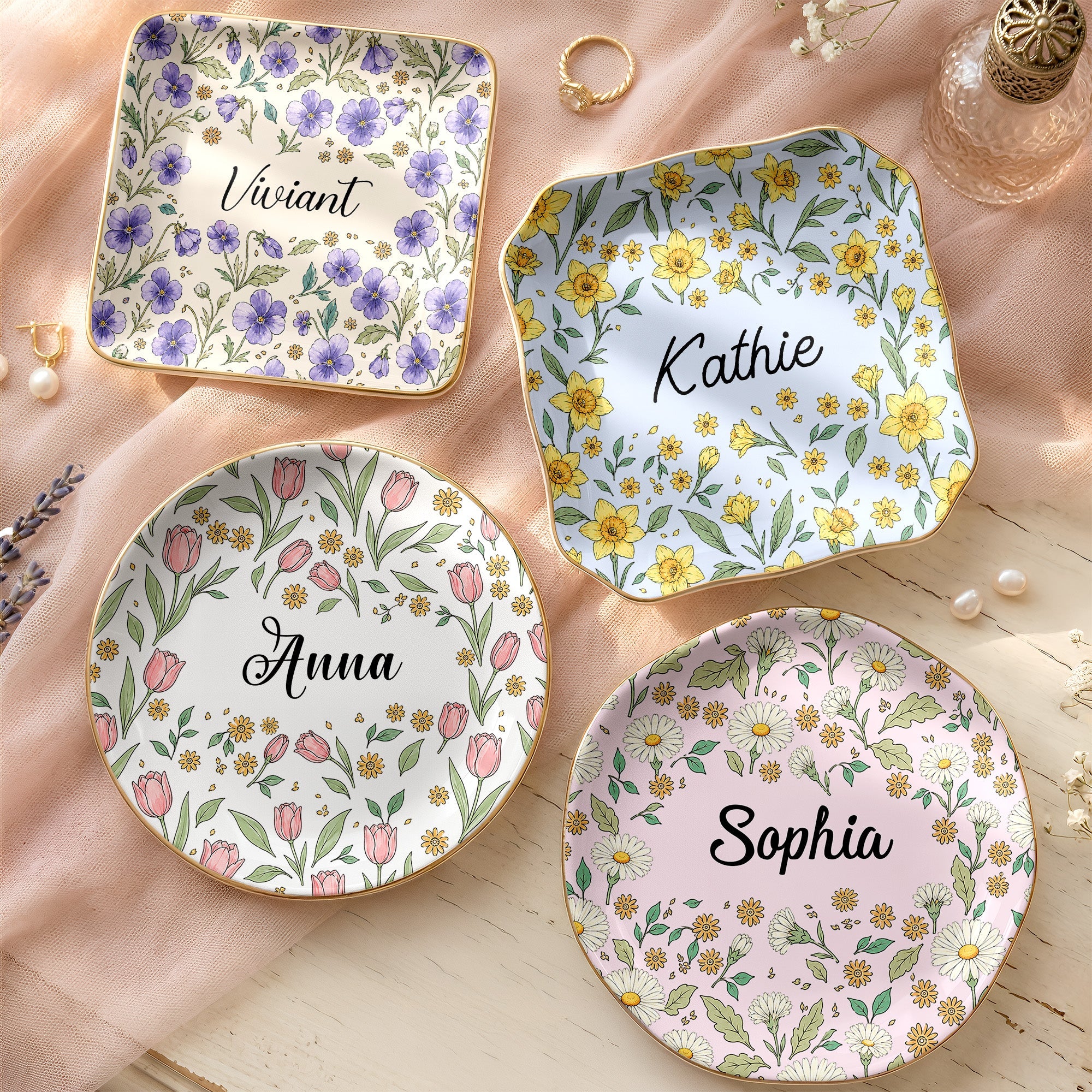 Vintage Birth Flower Wedding Bridesmaid Birthday Stocking - Personalized Jewelry Dish