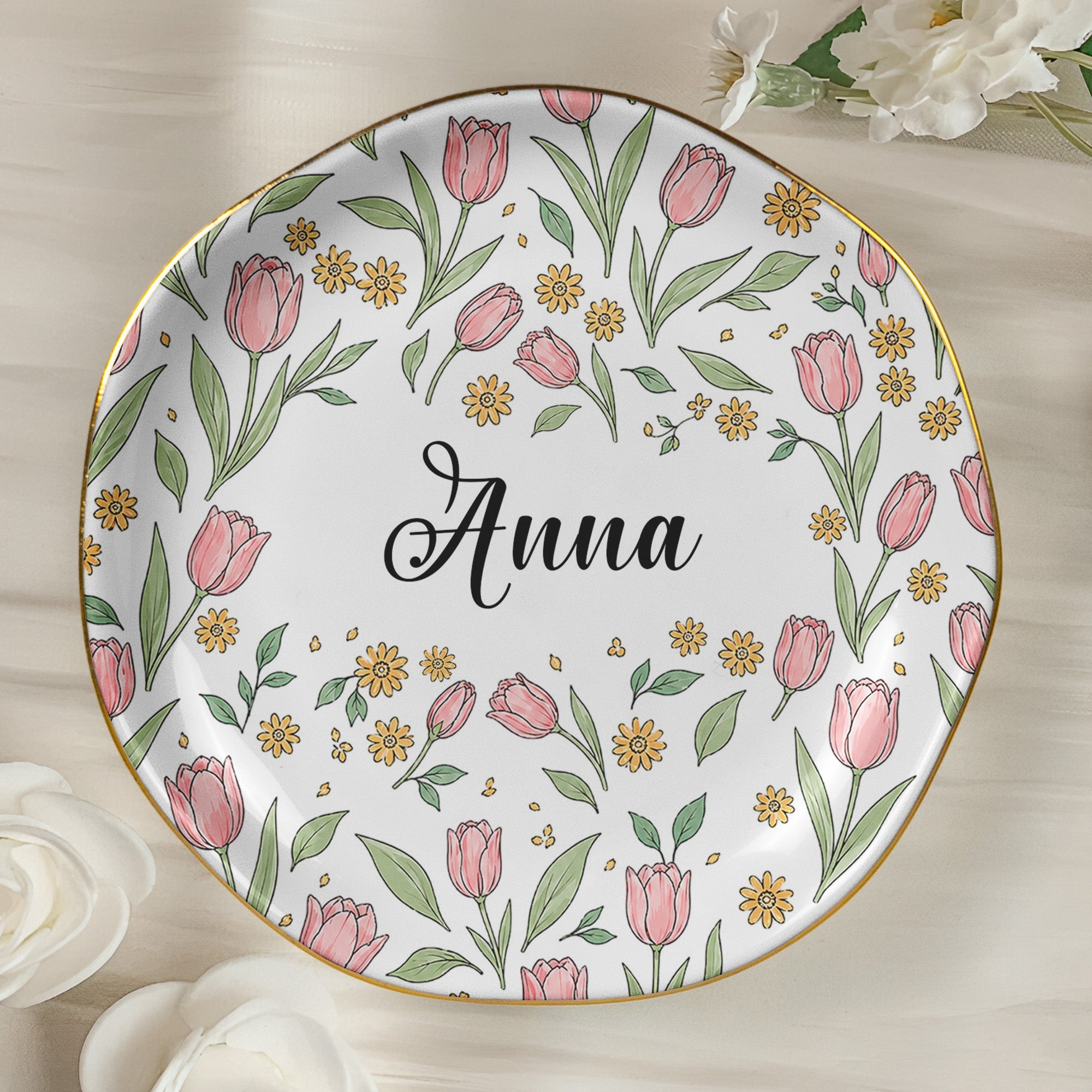 Vintage Birth Flower Wedding Bridesmaid Birthday Stocking - Personalized Jewelry Dish